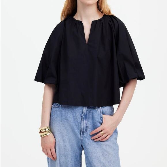 NWT Madewell Bubble-Sleeve Top In 100% Cotton Poplin True Black Size 4 - Picture 1 of 9